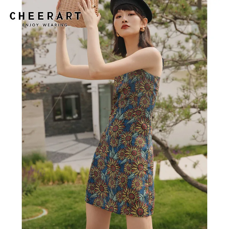 Винтажное платье-комбинация CHEERART с подсолнухами Женская Туника А-силуэта на