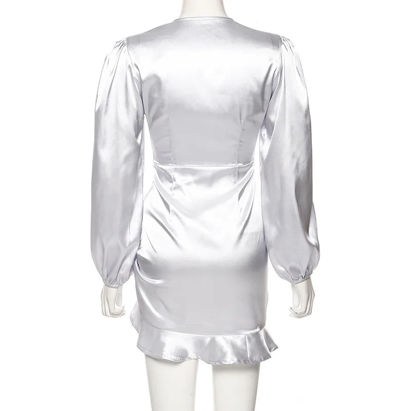 

Sexy Deep V-neck Party Dress Women Satin Lace Up Ruffles Holow Out Ruched Dress Female Vestido Elegant Slim Mini Dresses New