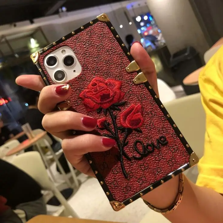 Fashion mobile phone case luxury square embroidery rose flower For iphone 6s 7 8 xr xs 11 pro max shatter-resistant shell | Мобильные