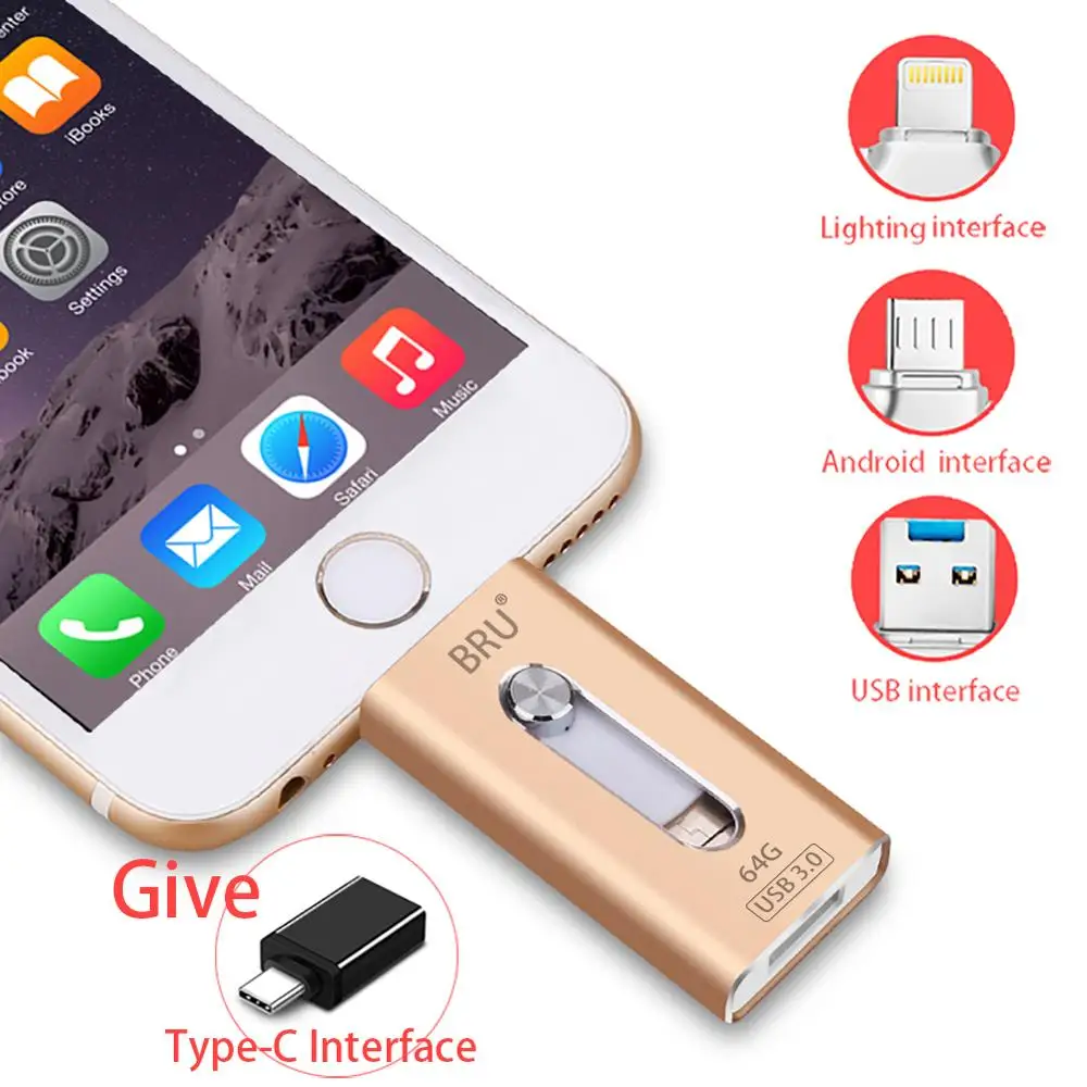 BRU OTG USB 3.0 флешка 32 ГБ 64 128 256 Для iPhone ipad Android Телефон Планшетный ПК Pen Drive накопитель