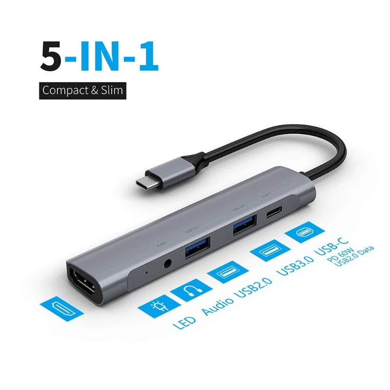 

Upgrade New 5-in-1 Type C USB Hub HDMI-Compatible USB 2.0 3.0 Port Interface Type-C Docking Station HUB 4K 60W