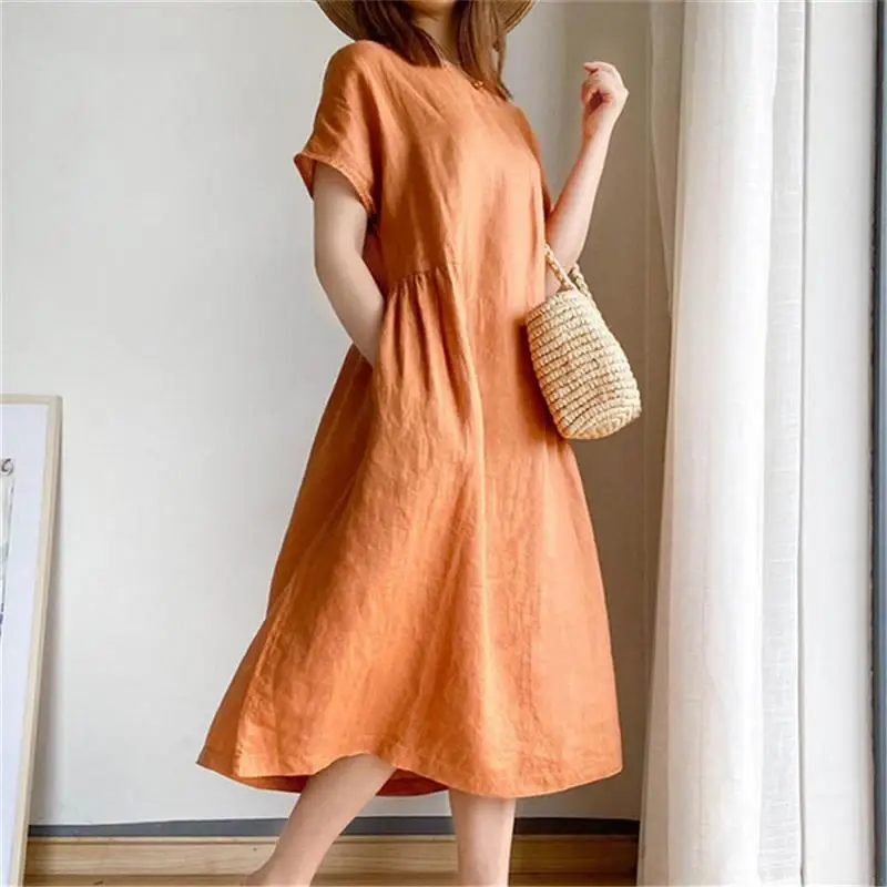 

Женское однотонное платье до колен, свободное Хлопковое платье с круглым вырезом и коротким рукавом, однотонное платье средней длины, 4 цвет...