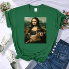 Футболка женская с рисунком Моны Лизы и кота, свободная дышащая футболка, брендовая одежда для пар, Простые Топы для женщин, лето