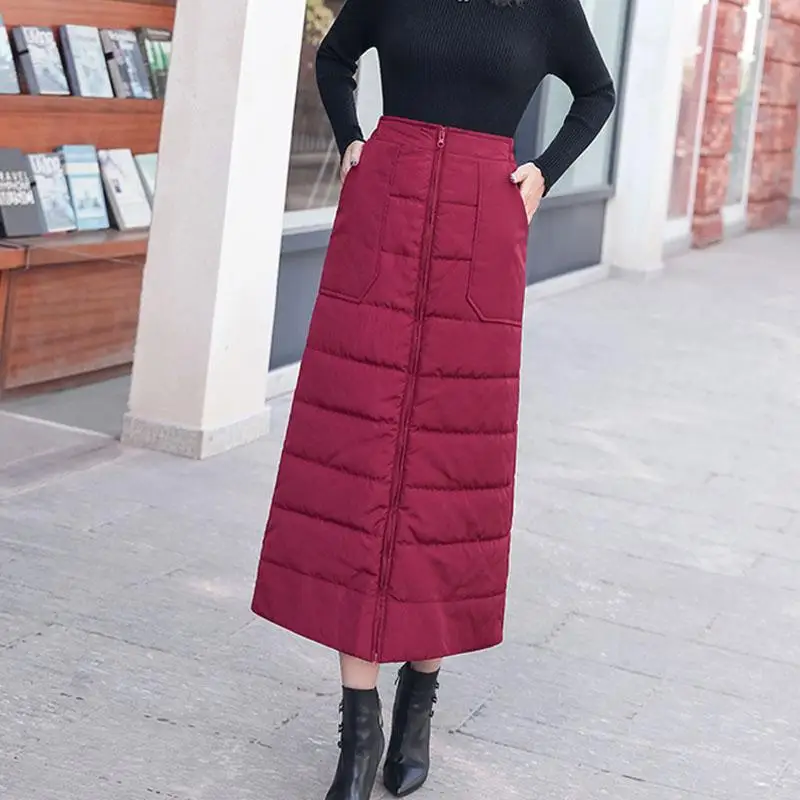 

2021 Autumn Winter Down Cotton One Piece Zipper Warm Skirts Women Fashion High Waist Skirt Plus Size 5XL C8