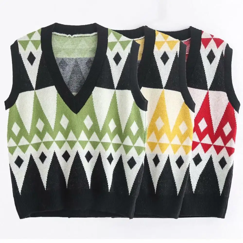 

Elegant women contrast color rhombus knitted vests 2020 fashion ladies sleeveless V-neck vest