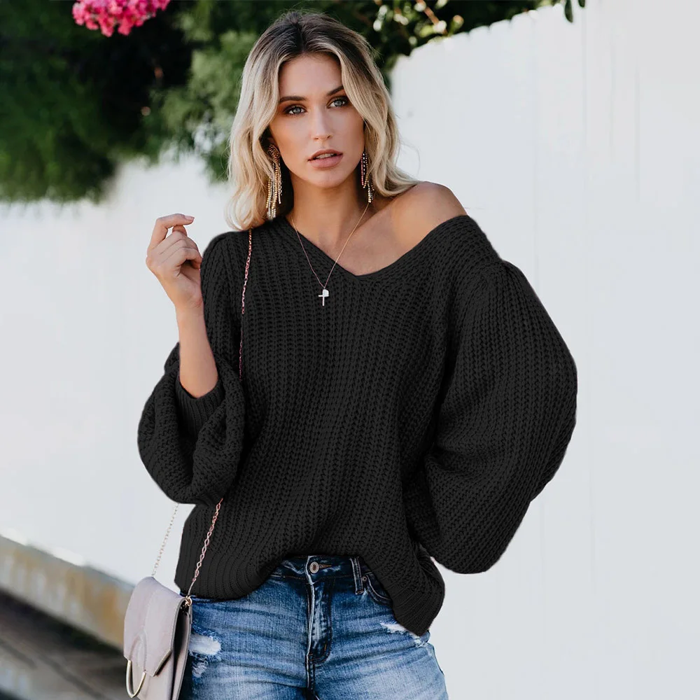 

Женский пикантный свободный свитер 2021, тонкий лоскутный пуловер с рукавами-фонариками и открытой спиной, повседневный простой вязаный Топ ...