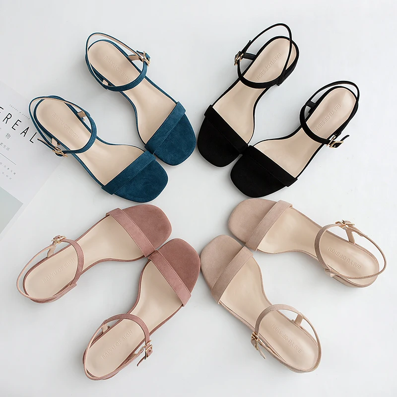 

2021 Women Summer Sandals Shoes Woman Female Flock Ankle Straps Square Hight Heels Elegant Casual Party Wedding Shoes Lady Pump