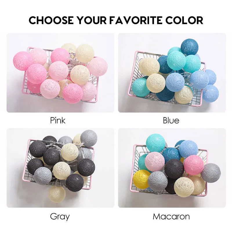 

10/20 LEDs Cotton Ball Light Garland Battery LED Ball Lights Outdoor Holiday Wedding Party Gift Baby Fairy Light Decoration Lamp