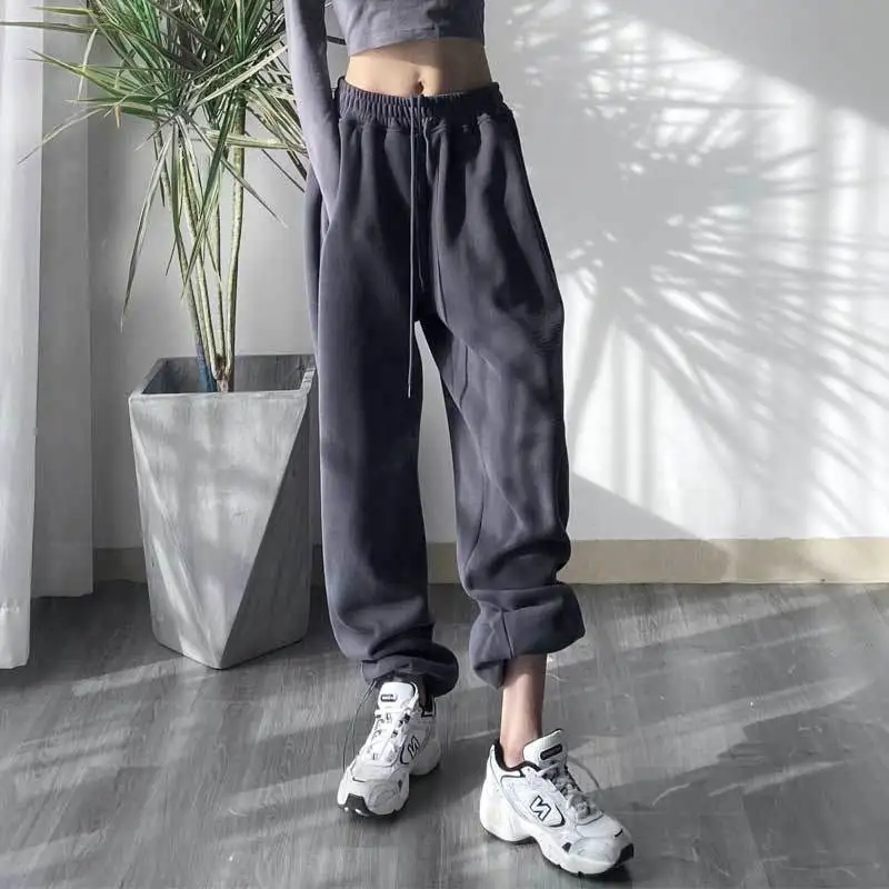 

2021 winter Solid color loose high waist pant wide leg sports and leisure trousers suits plus velvet thick Loose women pants y2k
