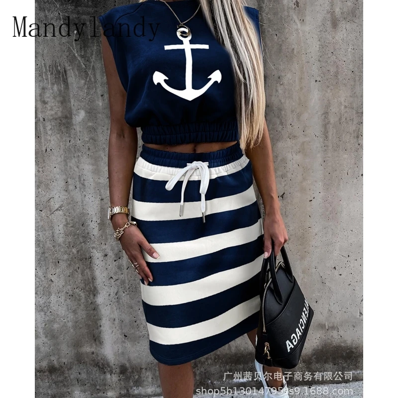 

Летний модный жилет Mandylandy с круглым вырезом без рукавов + Женский Повседневный облегающий костюм с принтом и высокой талией на шнуровке