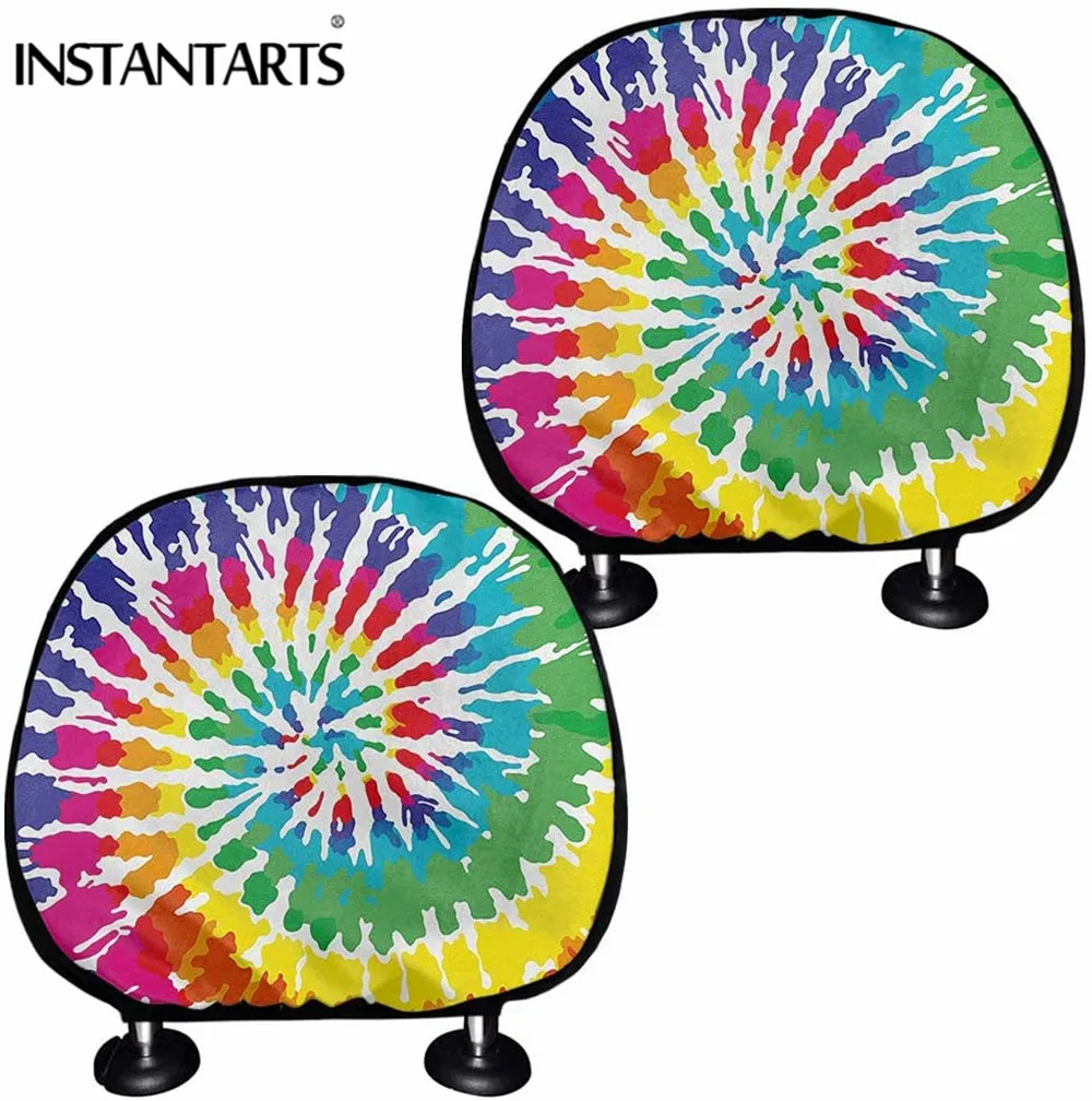 

INSTANTARTS 2Pack Car Seat Headrest Covers Rainbow Tie Dye Design Car Head Rest Protective Rest Cushion fit Most Car Truck SUV