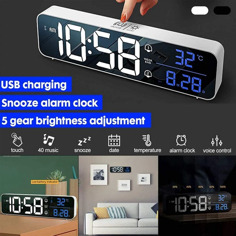 

Mirror LED Music Digital Alarm Clock , Dual Alarm, Temperature, Snooze, USB Charging Port for Bedroom Office