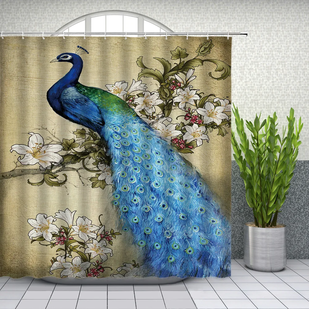 blue peacock shower curtains beautiful watercolor bird flower peony pattern bathroom decor bathtub waterproof cloth curtain set free global shipping