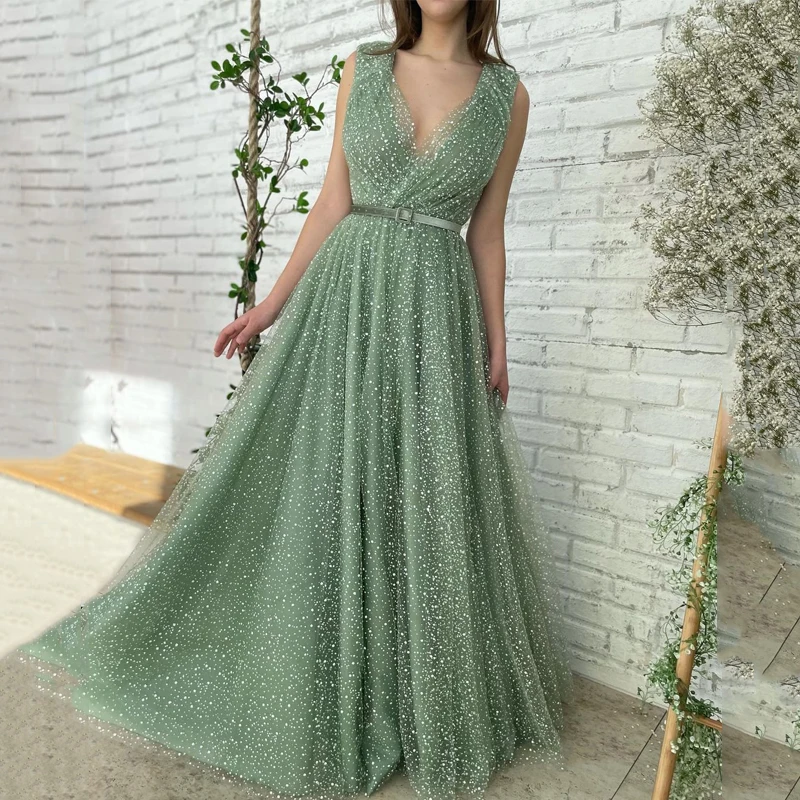 

Thinyfull Sexy Prom Dresses V-neck Tulle Evening Dress Party Dress Floor Length A-Line Celebrity Cocktail Night Gowns Plus Size