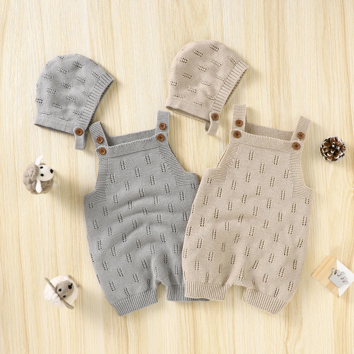 

Baby Knitted Rompers for Spring and Autumn Solid Toddler Knitwear Romper with Hat 2pcs Infants Suspender Playsuits