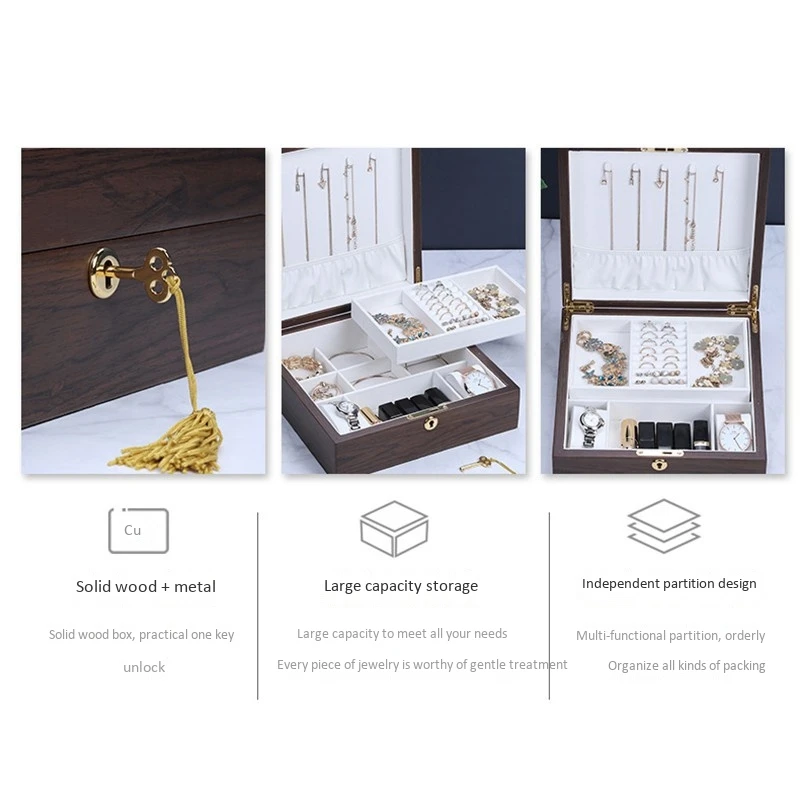 

Necklace Earrings Capacity Storage Case Wooden Jewelry Box Women with Lock Jewelry Display Double Layer