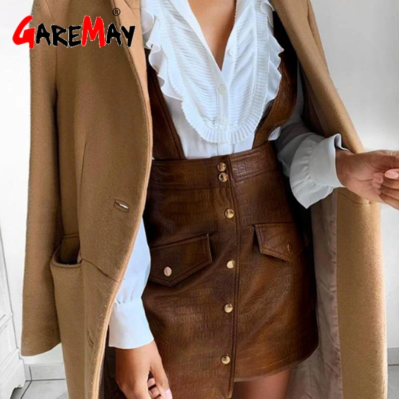 Зимнее женское платье из искусственной кожи "Streetwear PU Soft Animal Print Overalls", осеннее, с высокой талией и ремешком, мини-длины.