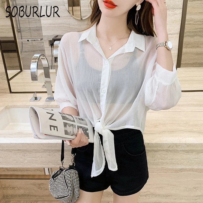 Шифоновые женские рубашки летние корейские блузки с коротким рукавом тонкие