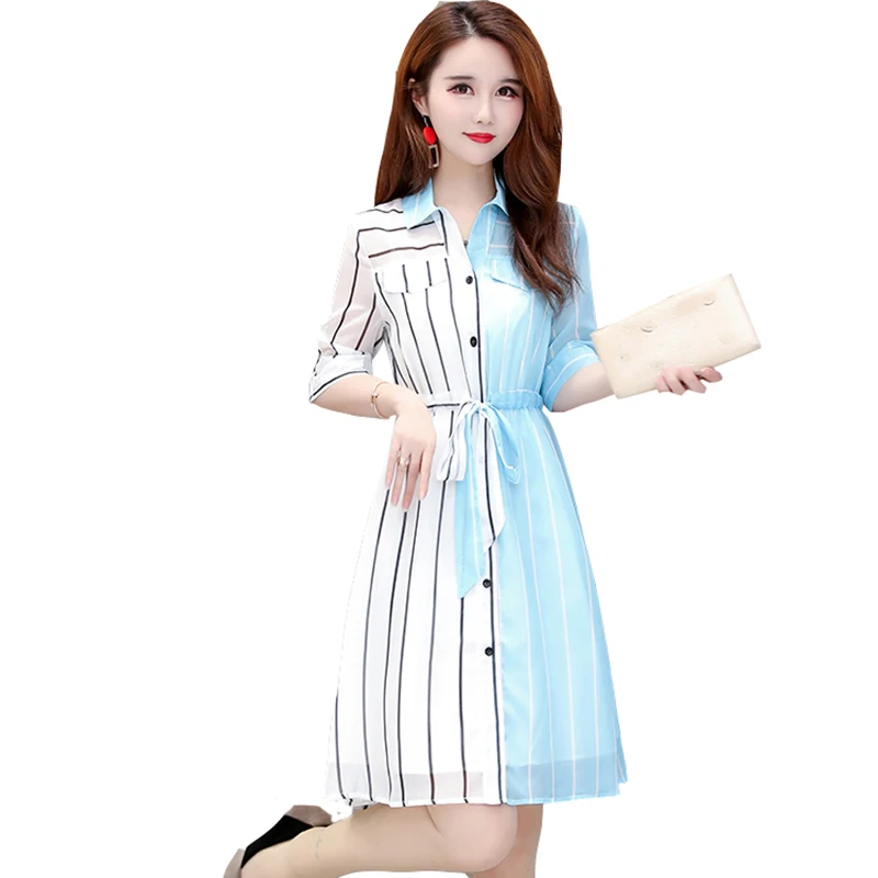

Oversize Women's Dress 2021 Summer Women New Chiffon Dress Striped Sunscreen Shirt Dress Female Stitching Thin Dresses Clothing