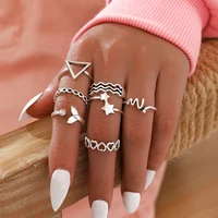7 pcs set new fashion silver geometric rings mermaid tail five pointed star hollow love metal ring set party jewelry gift