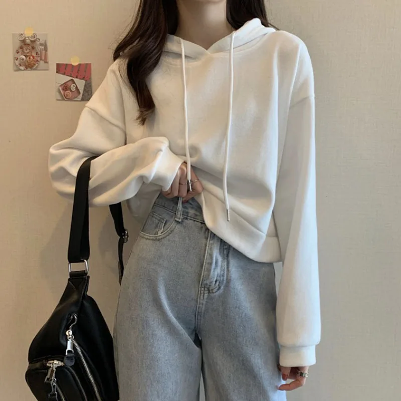 

Однотонная толстовка с капюшоном, пальто, универсальные Флисовые женские свитшоты, Новое поступление 2021, осенне-зимние базовые толстовки, т...