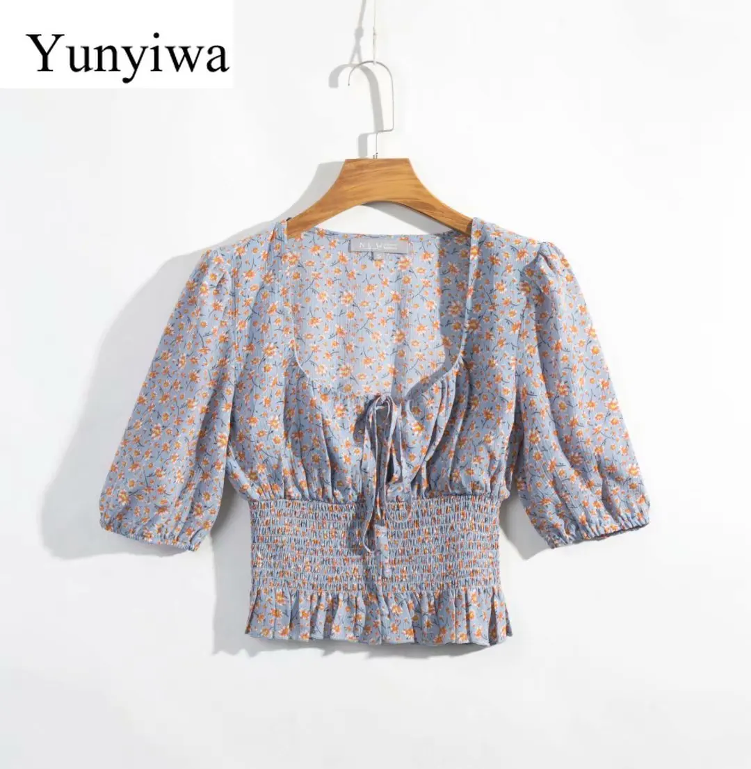 Женская Цветочная рубашка с квадратным вырезом и коротким рукавом 2020 | одежда