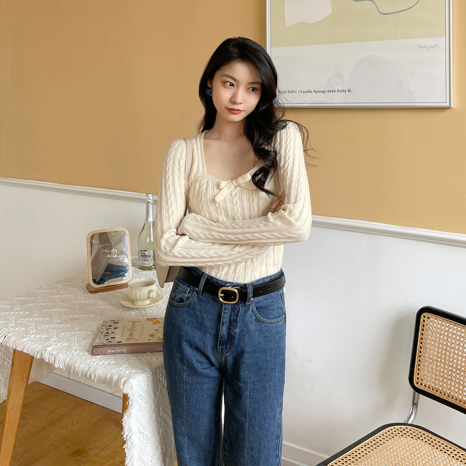 Soft and Glutinous French Style Retro Square Collar Elegant Bow Bottoming Sweater 3556 cropped sweater