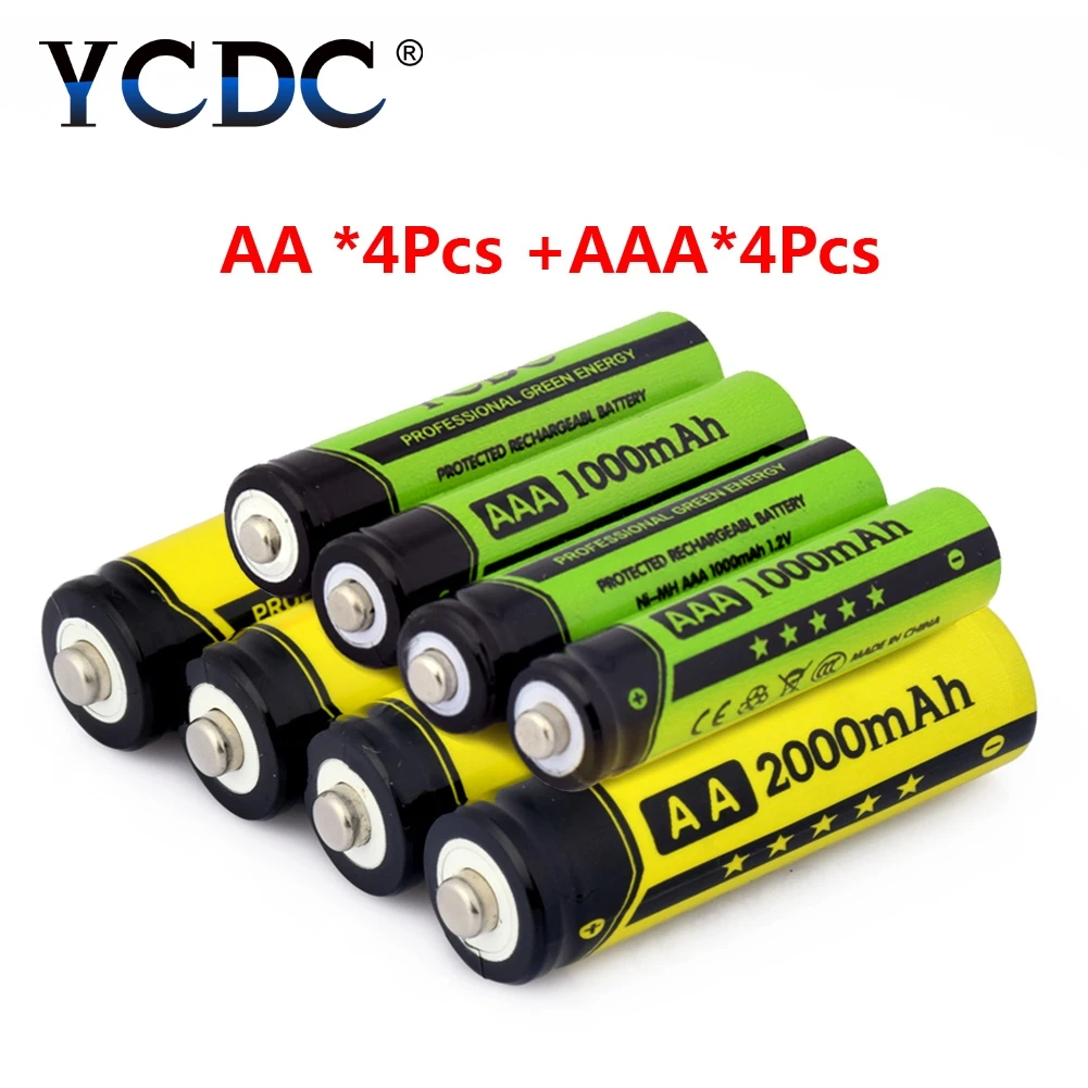 4 шт. AA + AAA перезаряжаемые 1 2 V 2000mAh 1000mah NIMH батарея фонарик игрушки часы MP3 плеер