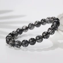 Natural Black Rutilated Quartz Bracelet Crystal Women Men Rutilated 8mm Clear Round Beads Wealthy St