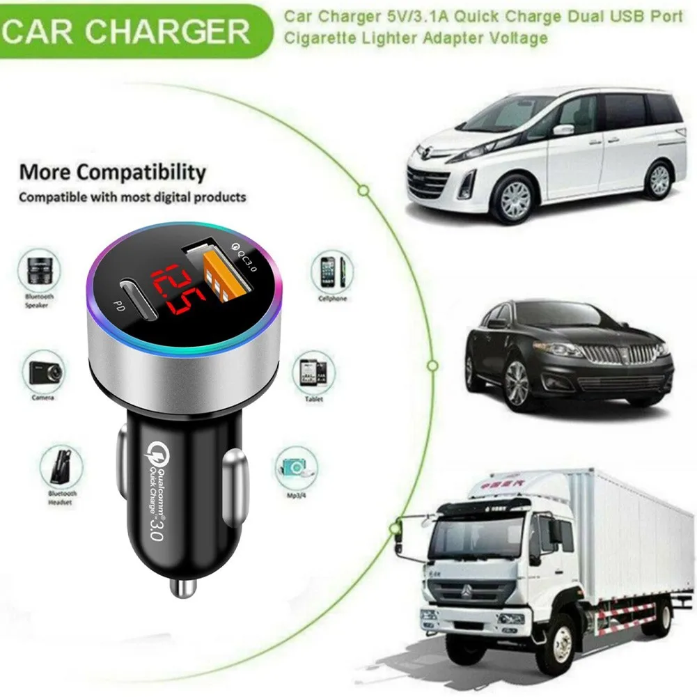 

1 X Car Charger 3.1A 120W 3100mA 5V Aluminum Alloy+PC Dual USB Ports Car Charger Adapter 2 Port LCD Display 12-24V Socket