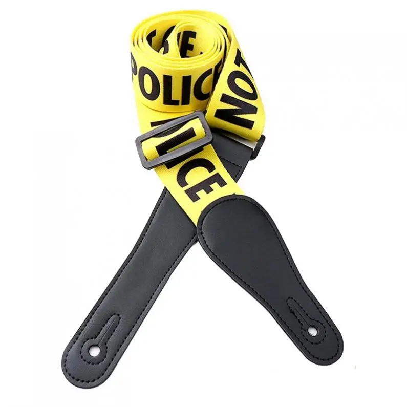 einstellbare gelb gitarre strap polizei linie worte muster mit echtem leder kopf für akustische elektrische bass gitarre free global shipping