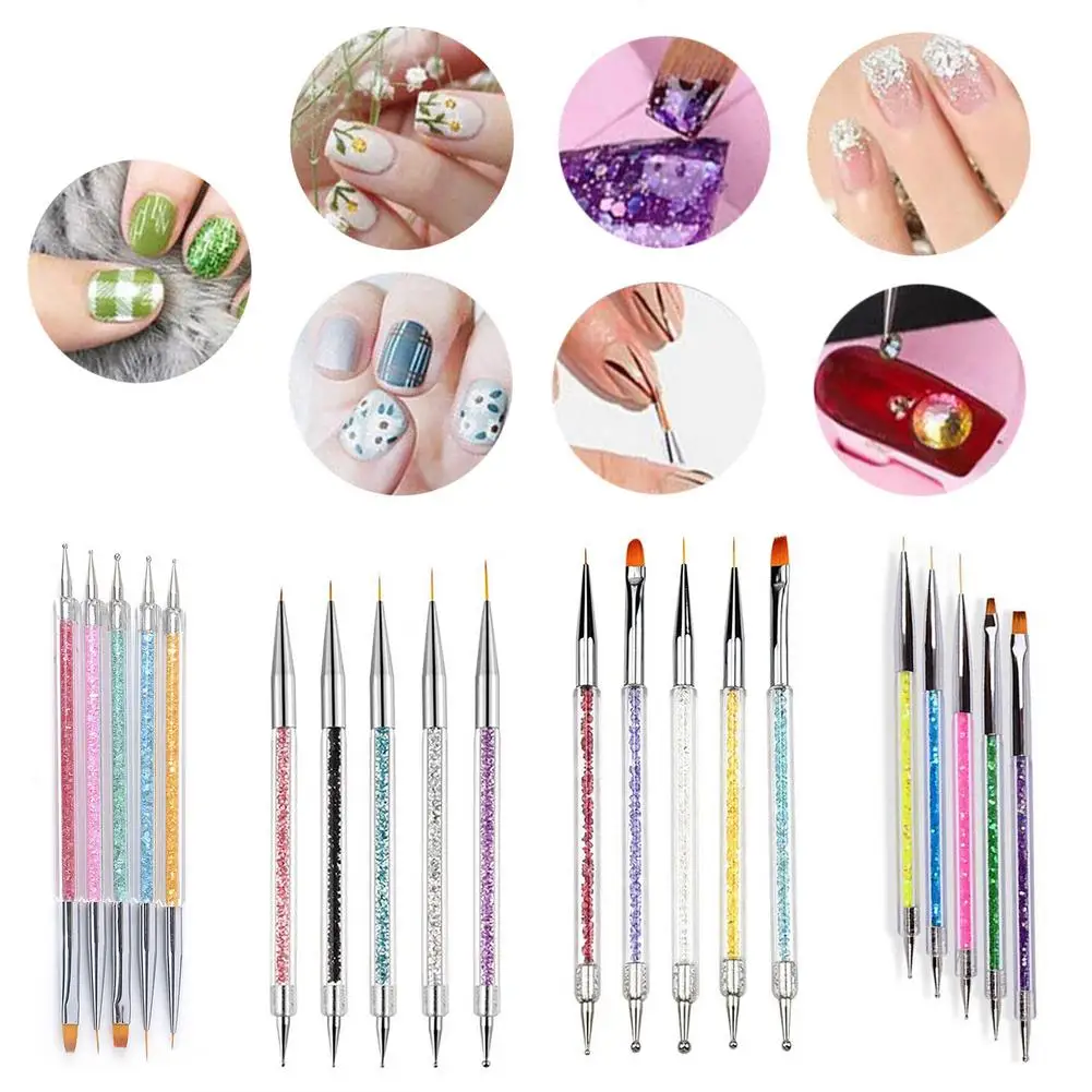 

New 5 Pcs/Sets Nail Art Pen 2 In 1 Double Ends Dotting Drawing Painting UV Gel Liner Polish Brush Set Nail Art Dotting Tools