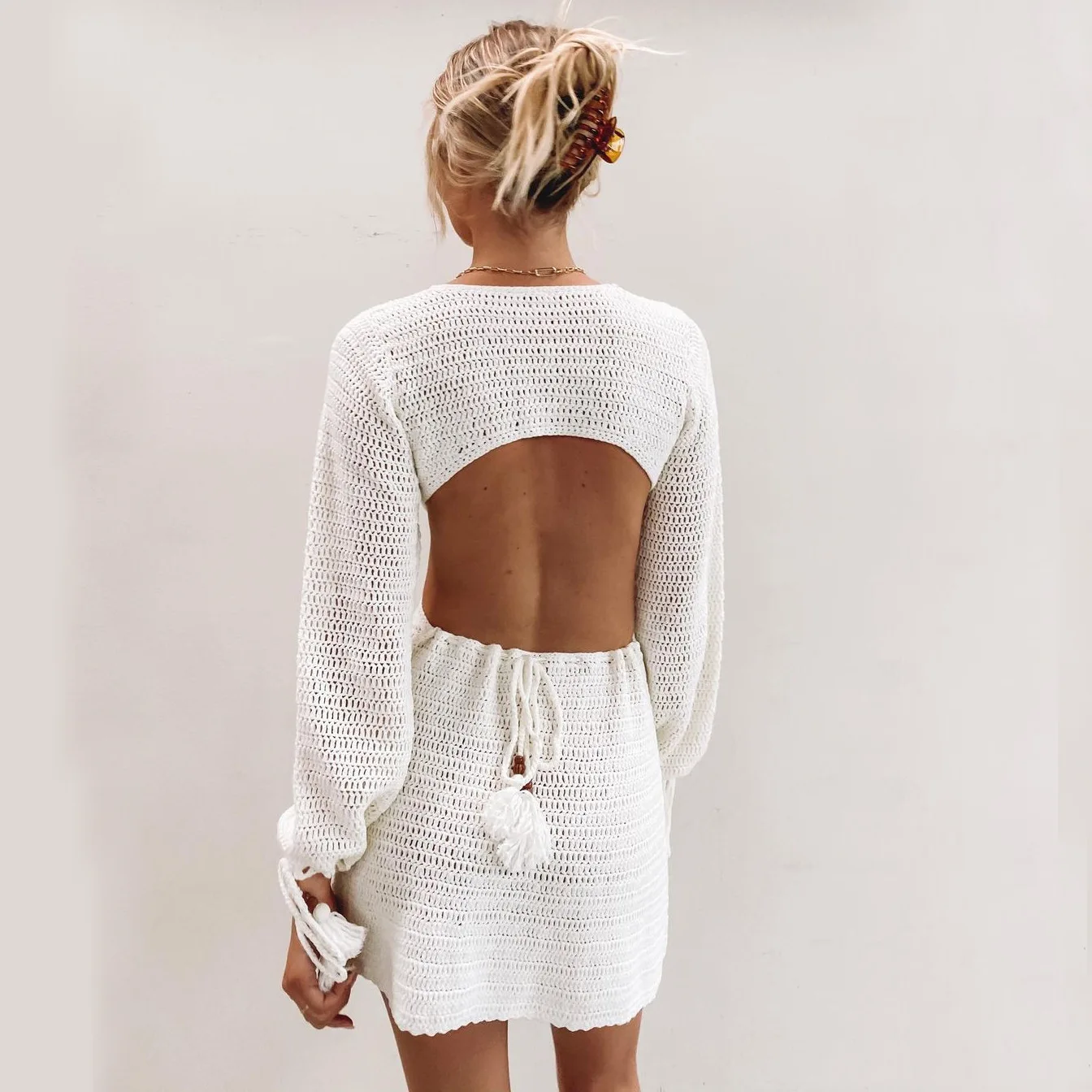 

Summer Sundress Women Knit Long Sleeve Backless Beach Dress Hollow Out Stripe V Neck Sexy Party Mini Dresses Casual White Skirt