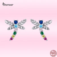 bamoer new exquisite color dragonfly ear studs for girl real 925 sterling silver animal insect earrings women pop jewelry gae515