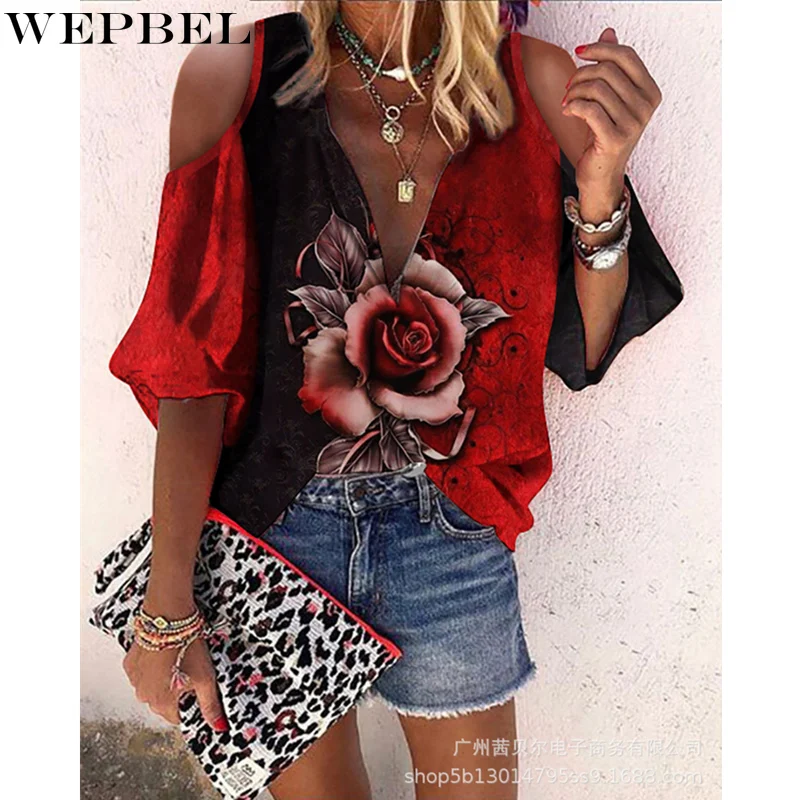 

Женская свободная рубашка WEPBEL, элегантная повседневная модная Винтажная футболка с открытыми плечами, коротким рукавом, V-образным вырезом ...