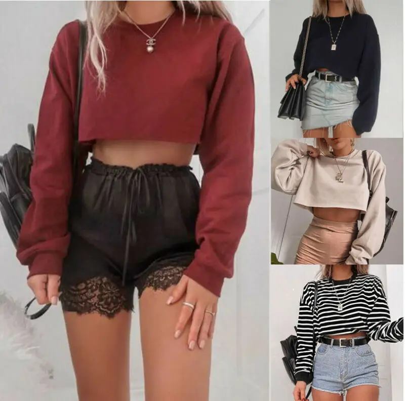 Woman black striped top Round Neck Long Sleeve Street Wear Short Blouses Shirts Fashion woman clothes | Женская одежда