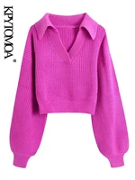 kpytomoa women fashion cropped knit sweater vintage johnny collar lantern sleeve female pullovers chic tops