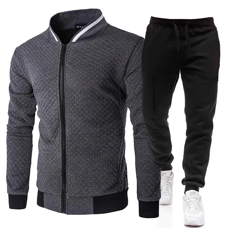 

Fashion Pure Color 2021 Spring Autumn Men's Zipper Stand Collar Jacket + Pants Two-Piece Brand Casual Running Sports Suit