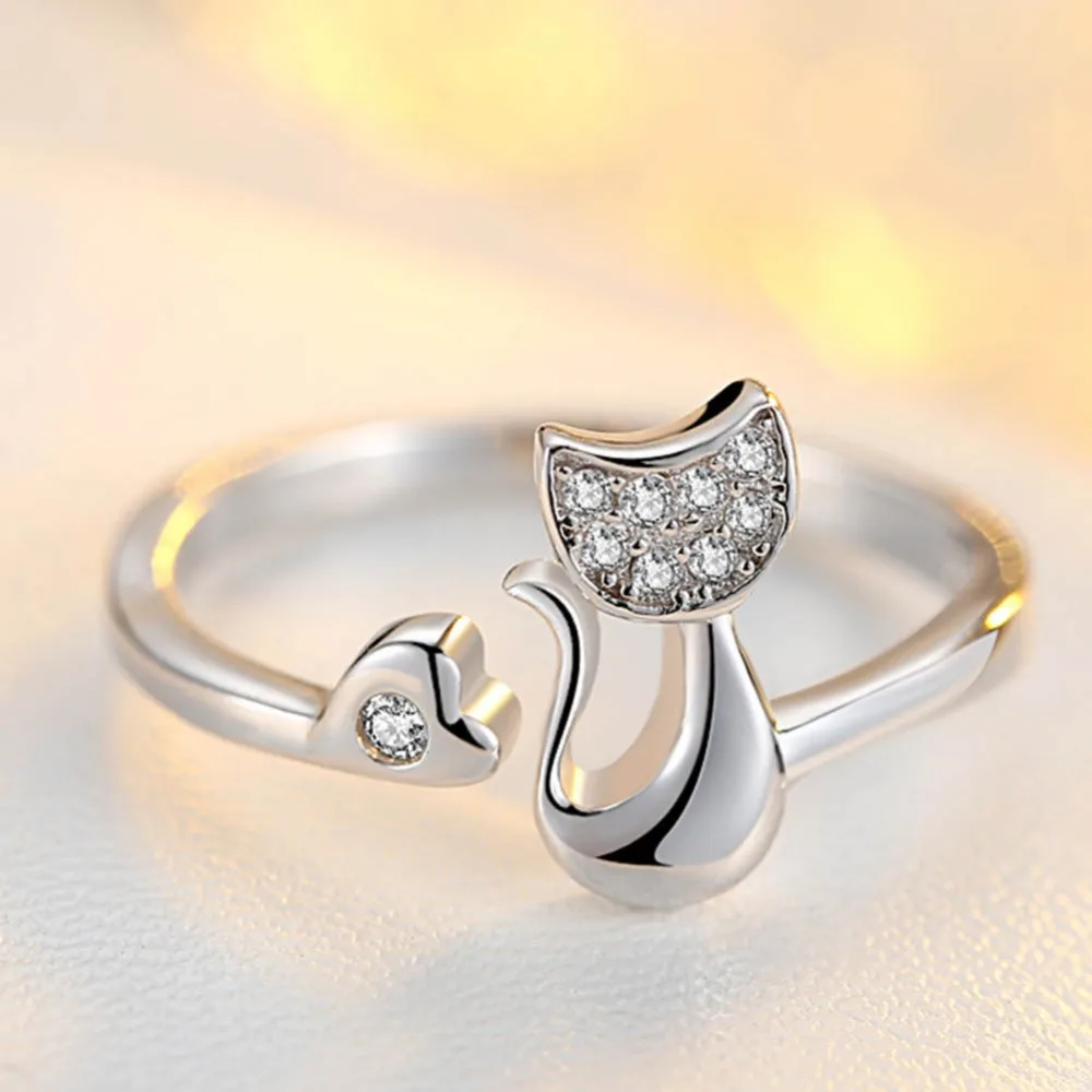 

Love Heart Cute Little Cat Shaped Opening Ring Silver/ Rose Gold Color Rhinestones Inlaid Fashion Cute Ring