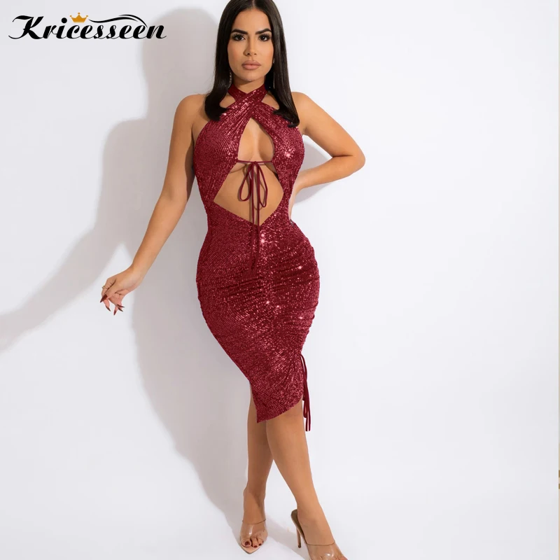 

Kricesseen Sexy Sequined Hollow Out Bandage Skinny Party Bodycon Dress Women Halter Ruched Night Clubwear Midi Dress