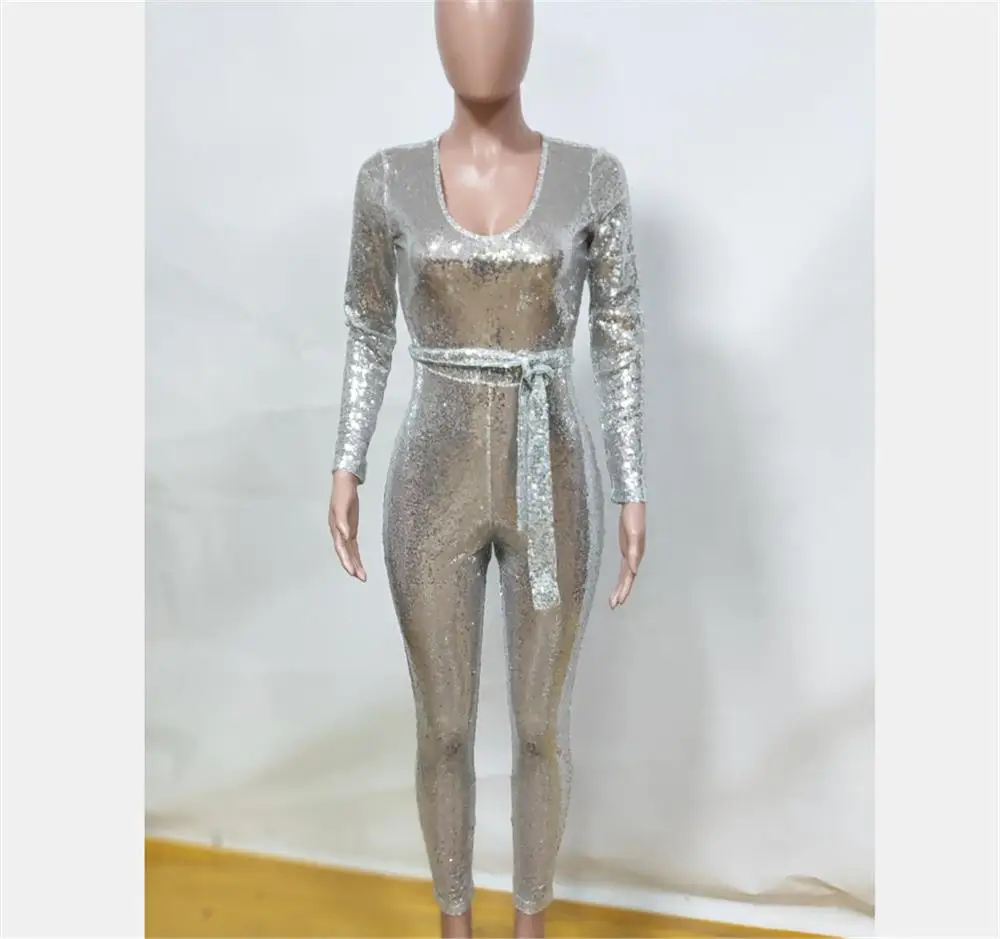 Женский комбинезон с блестками золотистого цвета вечерние блестящие