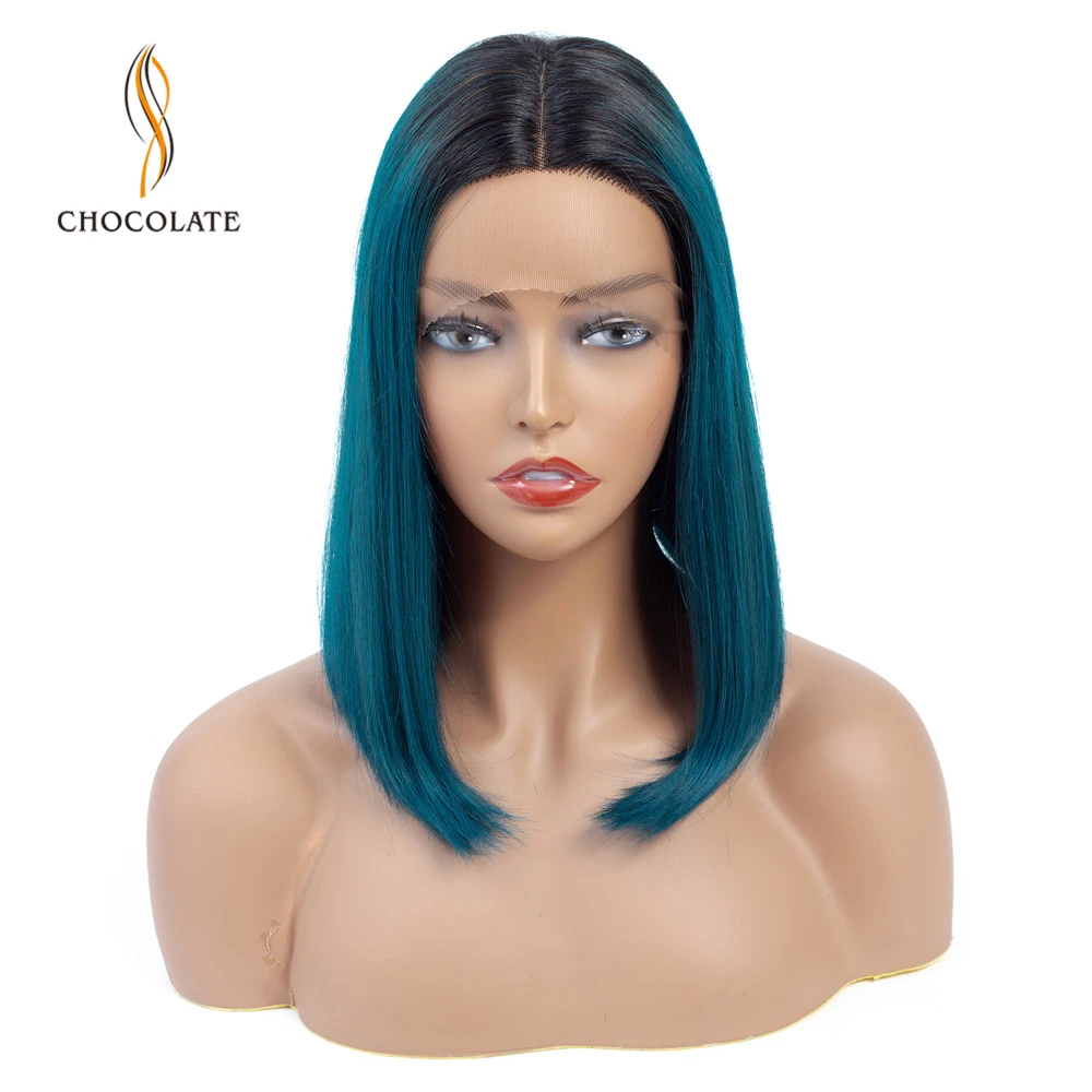 Омбре зеленый короткий Боб прямые парики бразильские волосы Remy т формы кружева