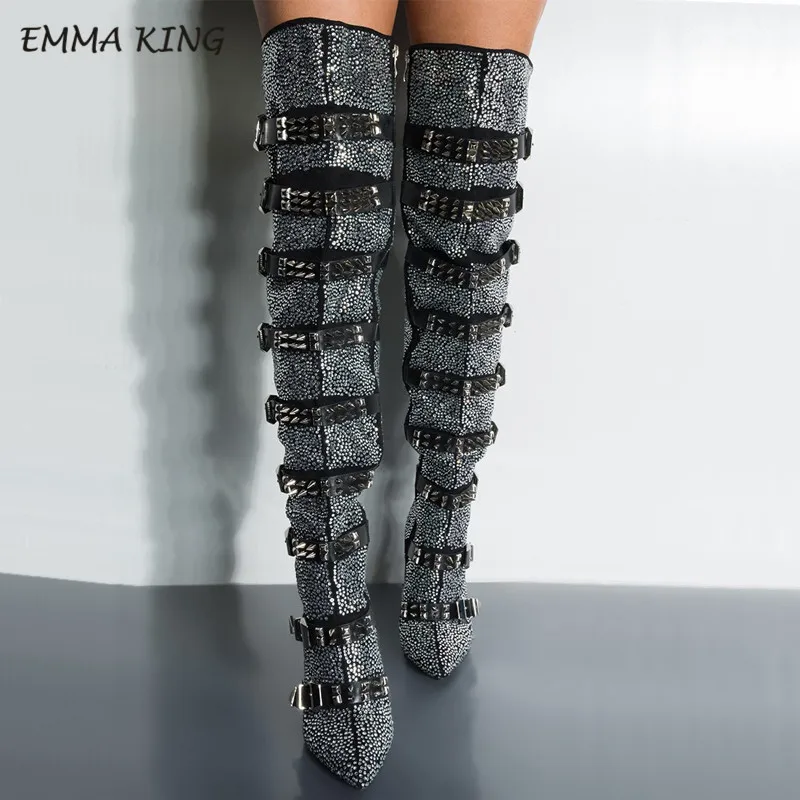 Style 1 Emma king/роскошные сапоги выше колена с украшением в виде кристаллов; сезон осень-зима; женские сапоги на высоком каблуке с заклепками, заклепками и ремешком - Цвет: Style 1