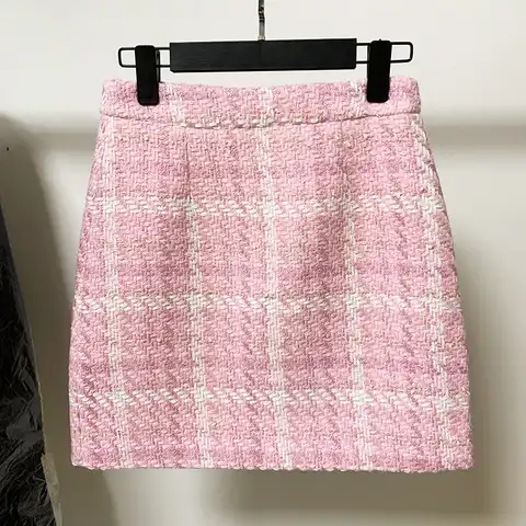 Женская твидовая клетчатая юбка, розовая шерстяная офисная мини-юбка из твида, плотная, Осень-зима 2021