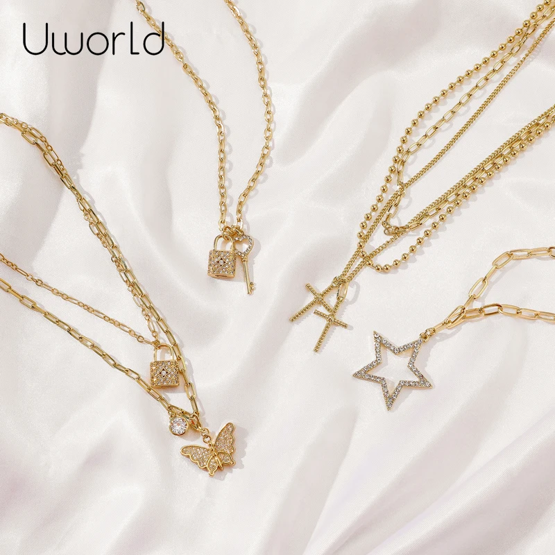 

Elegant Aesthetic Crystal Pentagram Chains Necklace for Women Goth Style Lock Pendant Necklace Girls Chain Jewelry Gift