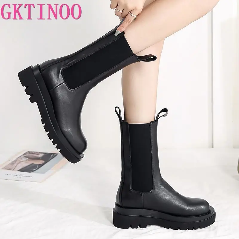 

Женские ботинки челси GKTINOO, из натуральной кожи, на толстой подошве, в британском стиле, с круглым носком, на плоской подошве, повседневные бо...