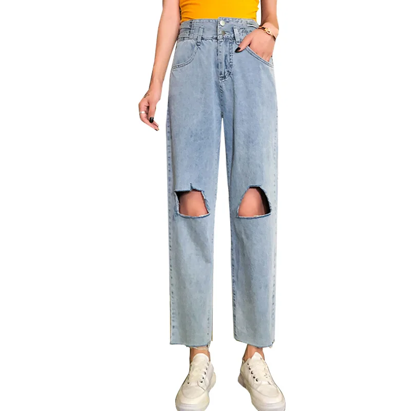 

Недорогие рваные джинсы с завышенной талией, женские свободные прямые широкие брюки, асимметричные рваные женские брюки, осень 2020