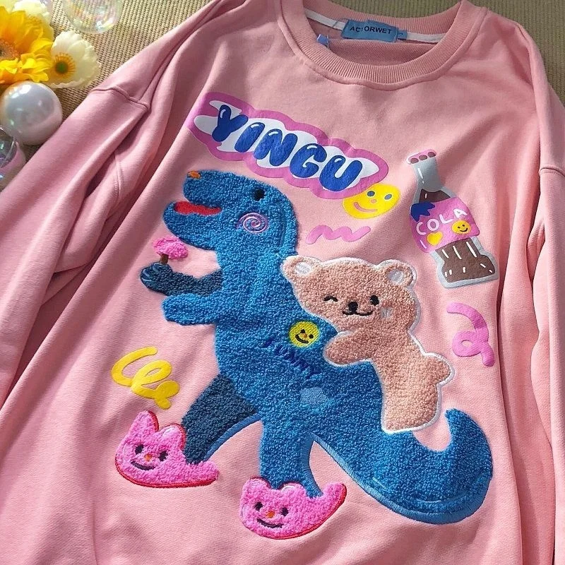 

Толстовка с вышивкой с милым динозавром и медведем, свободная толстовка в стиле Харадзюку, свитшот с длинным рукавом в стиле бойфренда для м...