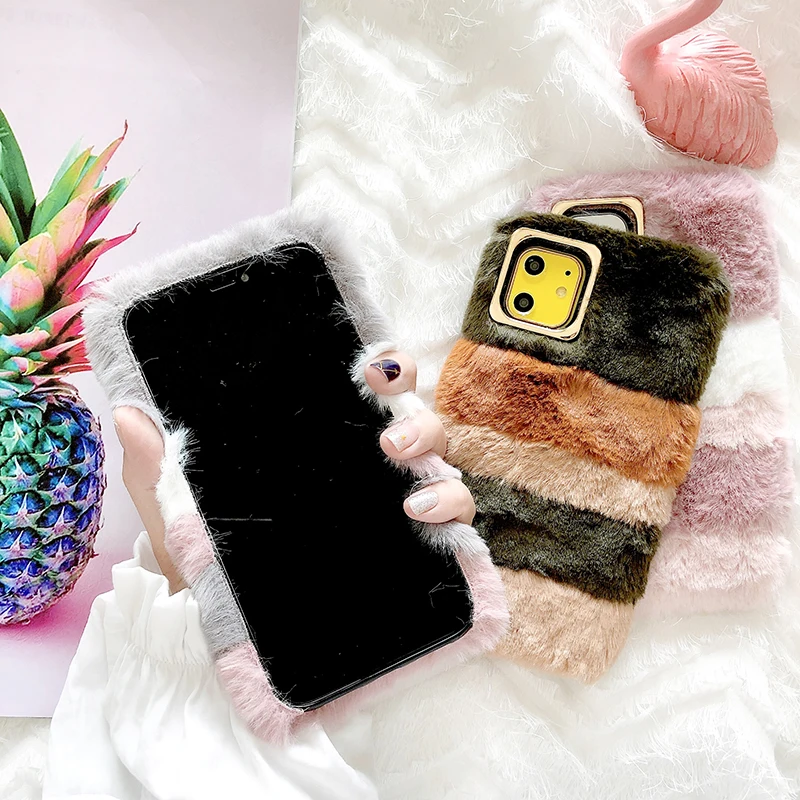 Милый пушистый комбинированный чехол с кроличьим мехом для iPhone 11 Pro Max X XR XS