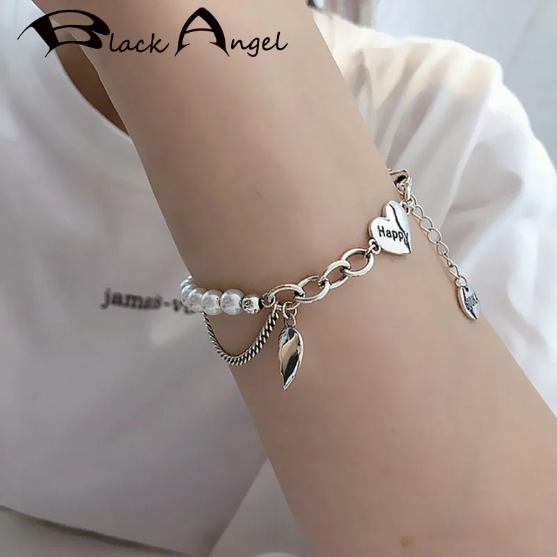 

BLACK ANGEL 925 Sterling Silver Love Heart Letters Pearls Bracelets for Women Trendy Vintage Wing Pendant Tassel Party Jewelry